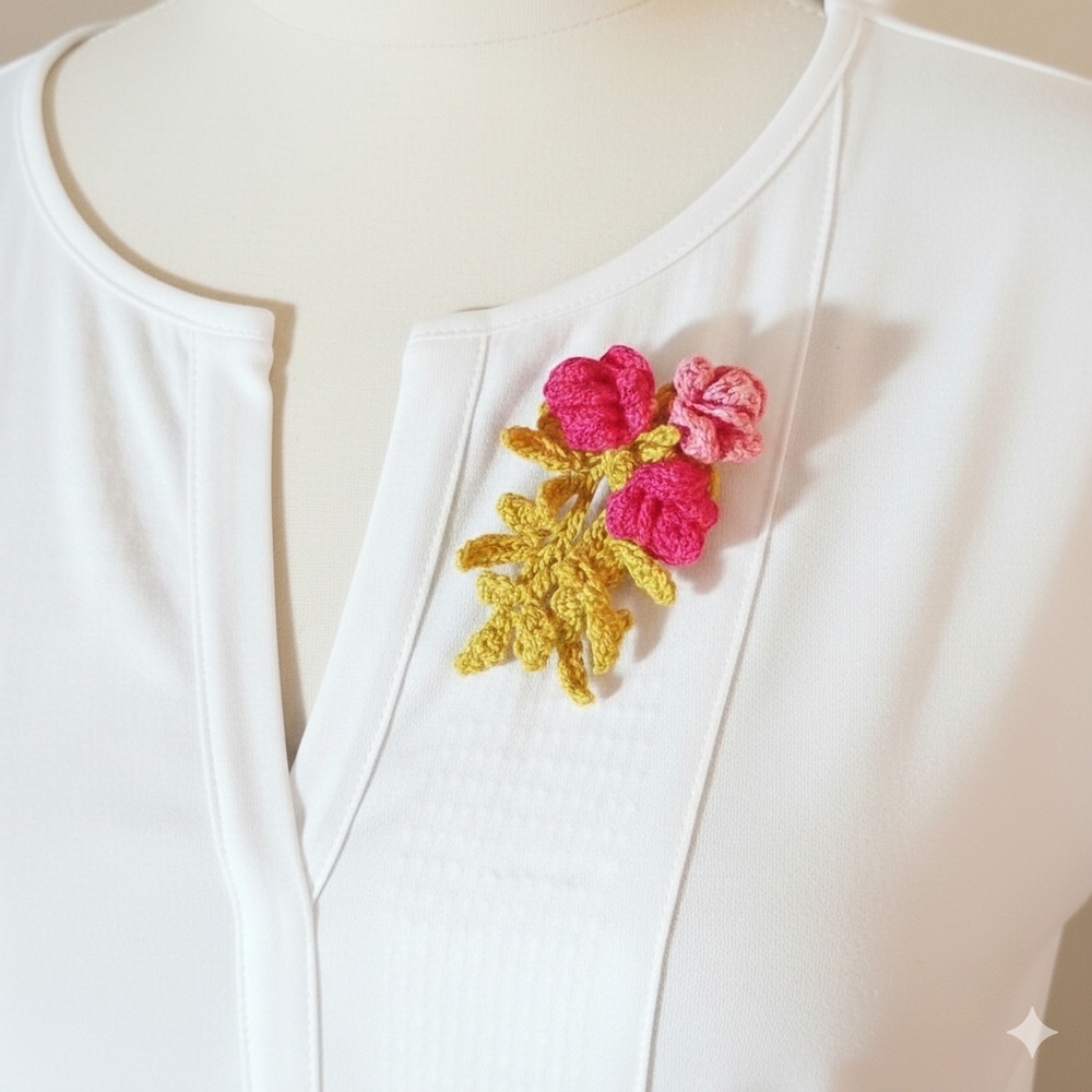 Rose Corsage Pink Floral Magnetic Brooch Lapel Pin Boutonniere Crochet Handmade
